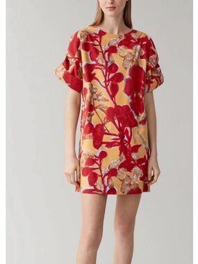 COS Cotton Mini Shift Dress Roll Sleeves Bold Floral Print Sz US4 Art To Wear